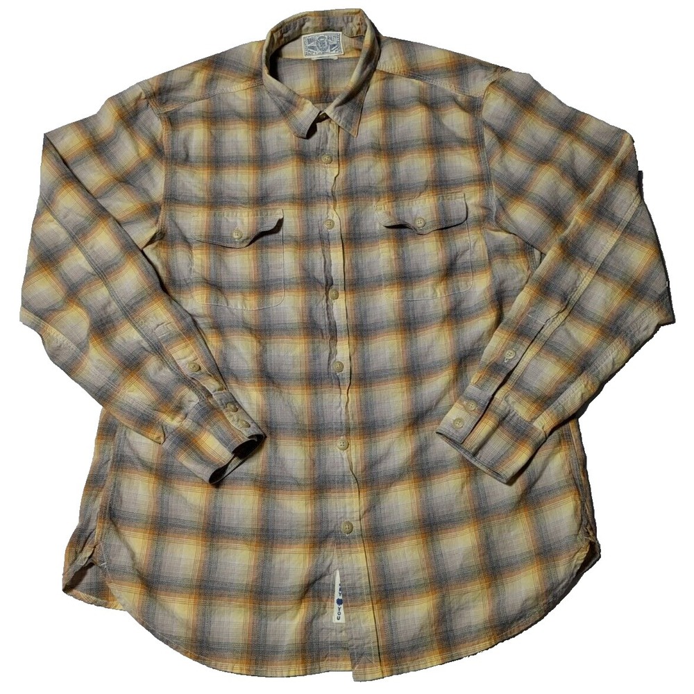 LUCKY BRAND Men Large Yellow Gray Plaid Cotton Long Sleeve Button-Up Shirt